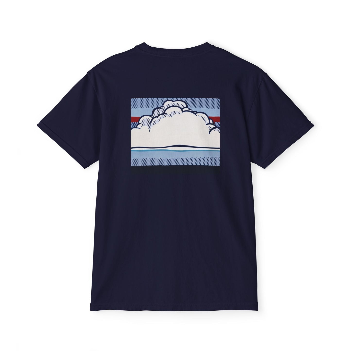 American Flag Pop Art Pocket Tee — Cloud Dreams Graphic T‑Shirt (Surfer on Cloud Back Print)
