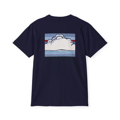 American Flag Pop Art Pocket Tee — Cloud Dreams Graphic T‑Shirt (Surfer on Cloud Back Print)