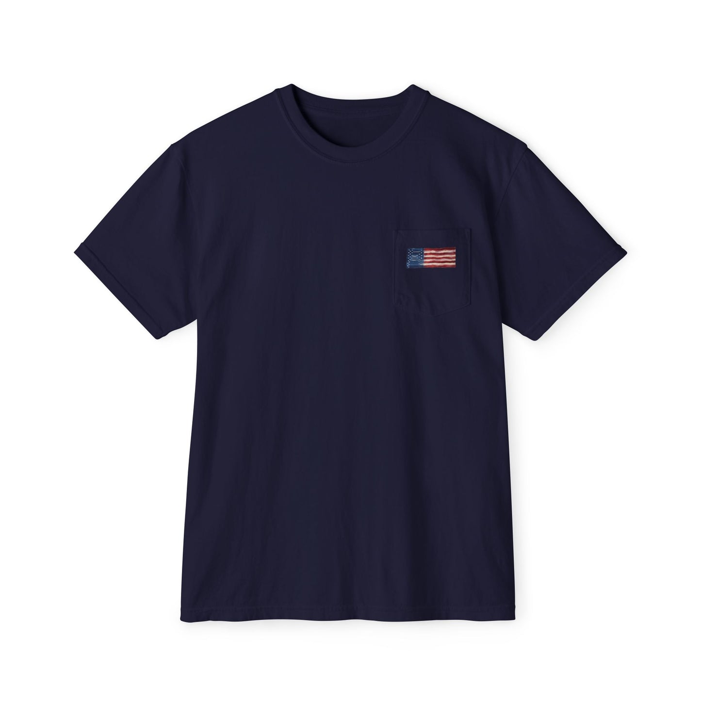 American Flag Pocket Tee with American Flag Hole on back — Cloud Dreams Graphic T‑Shirt (Surfer on Cloud Back Print)