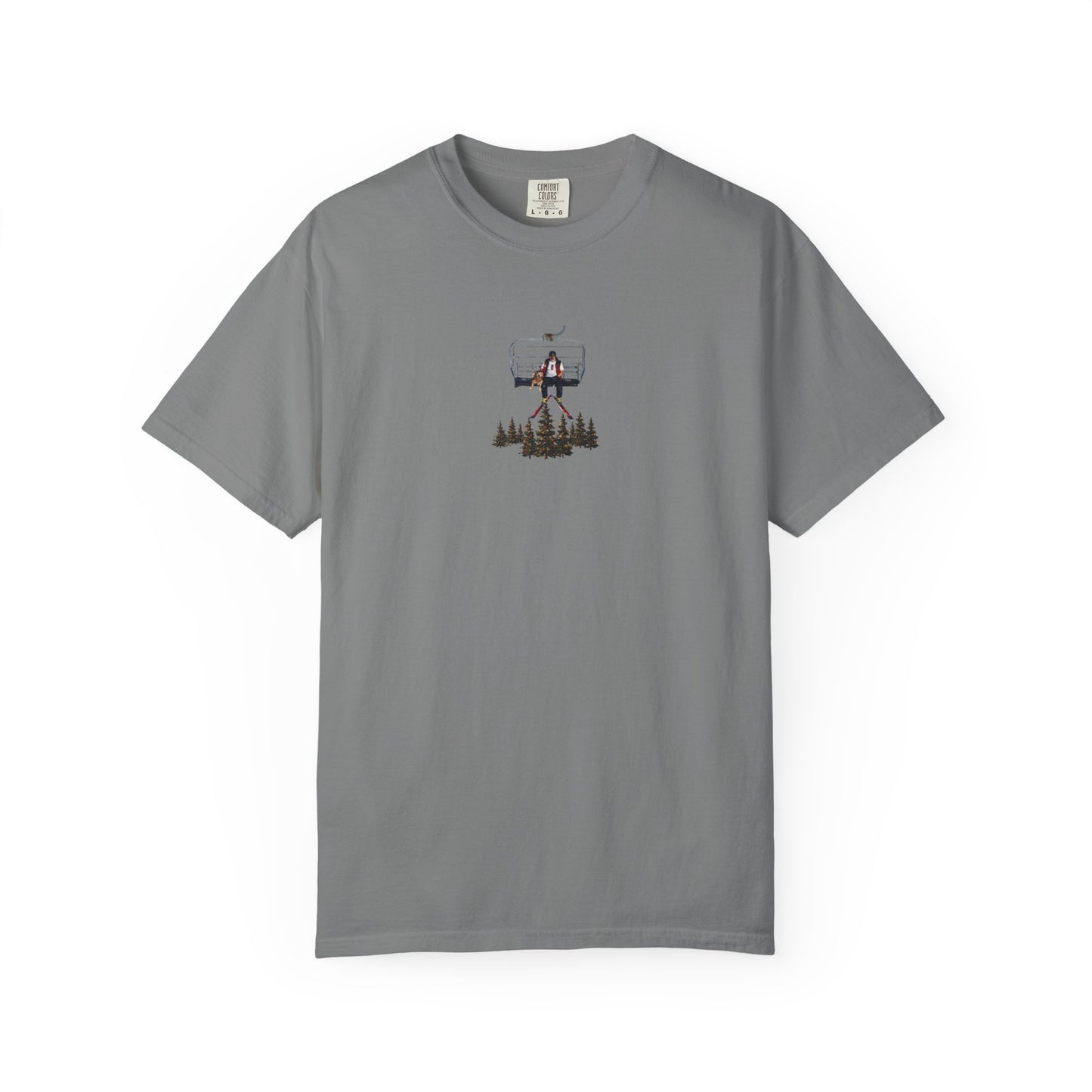 Chairlift with dog front print T-Shirt — Dreamy Paraglider in Clouds Graphic Tee
