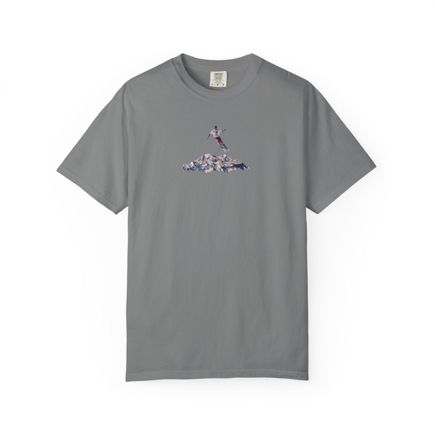 Leaping American Skiier front print T-Shirt — Dreamy Paraglider in Clouds Graphic Tee