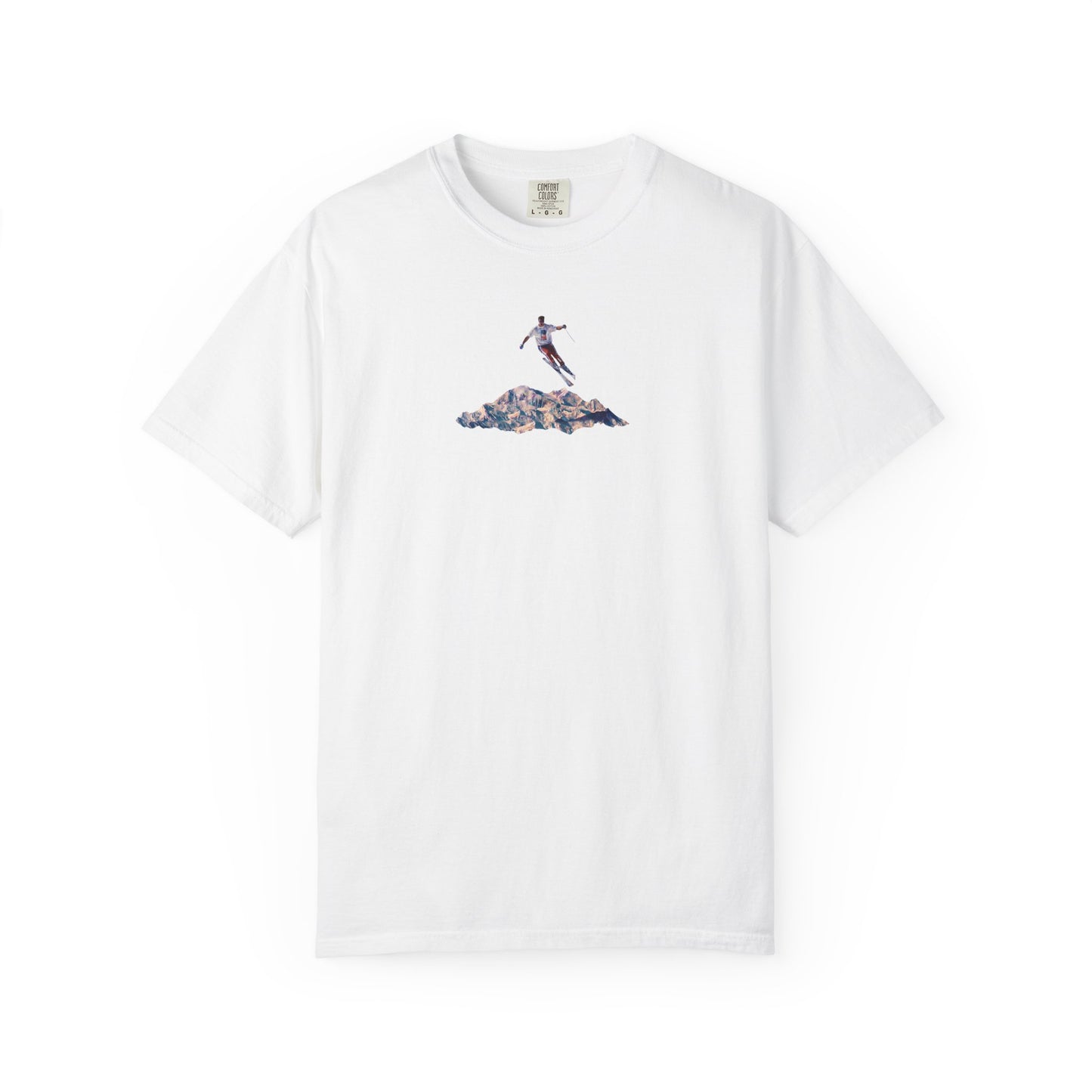Leaping American Skiier front print T-Shirt — Dreamy Paraglider in Clouds Graphic Tee