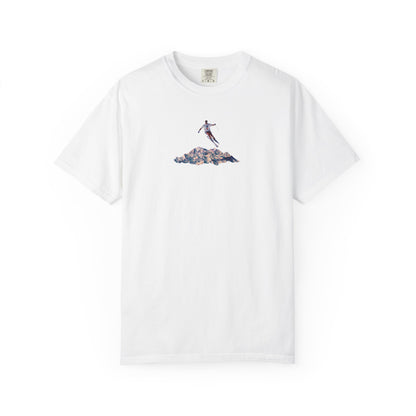 Leaping American Skiier front print T-Shirt — Dreamy Paraglider in Clouds Graphic Tee