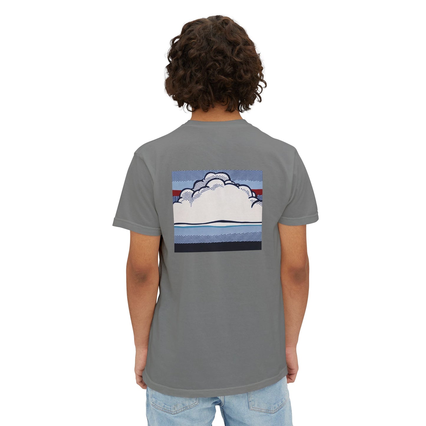 American Flag Pop Art Pocket Tee — Cloud Dreams Graphic T‑Shirt (Surfer on Cloud Back Print)