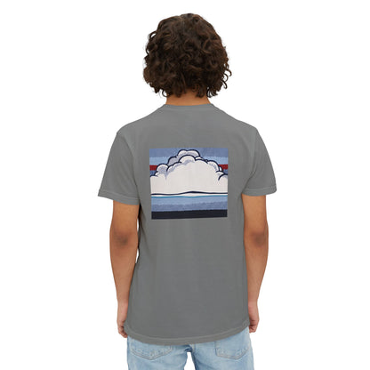 American Flag Pop Art Pocket Tee — Cloud Dreams Graphic T‑Shirt (Surfer on Cloud Back Print)