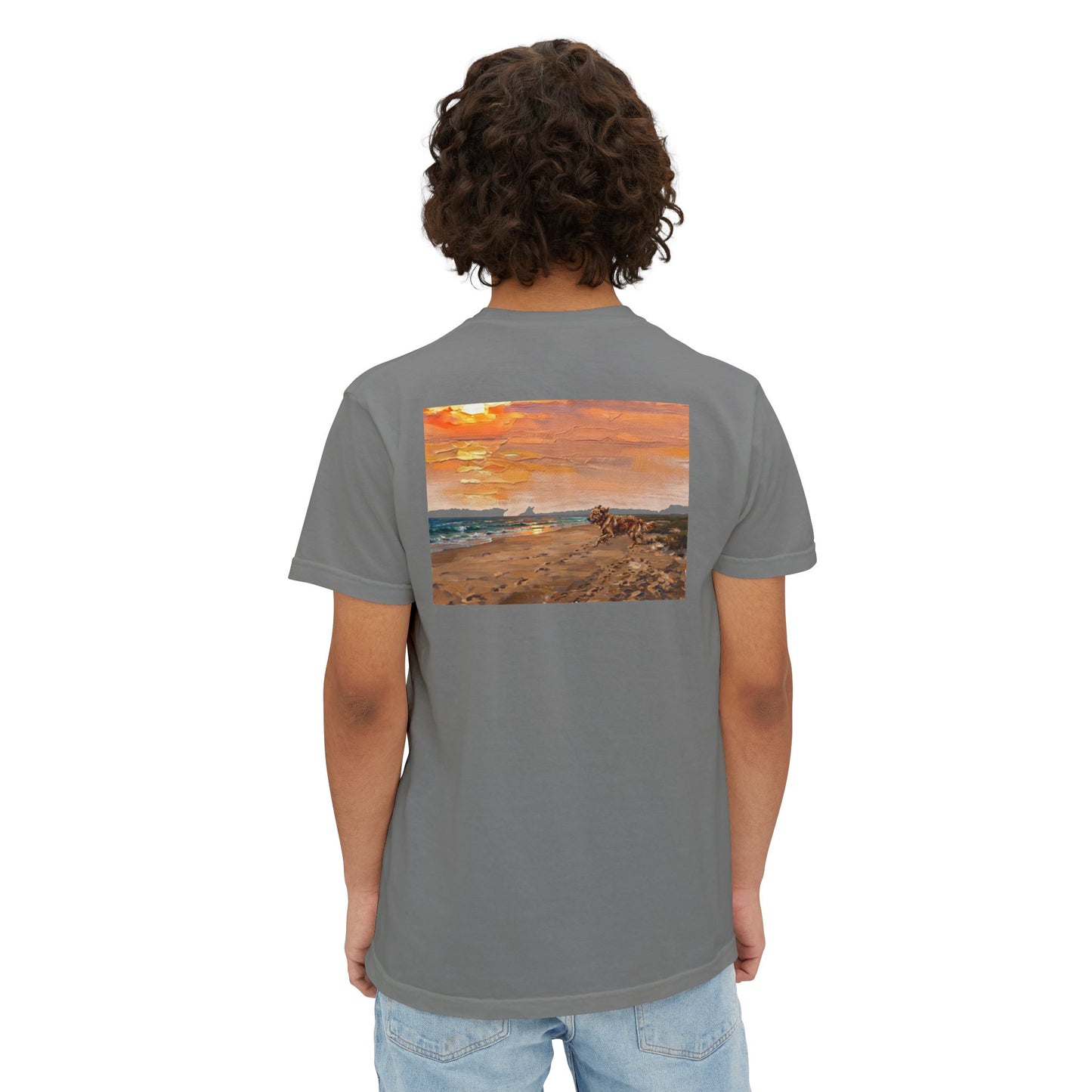 Golden Retriever Sunset Pocket Tee — Cloud Dreams Graphic T‑Shirt (Surfer on Cloud Back Print)