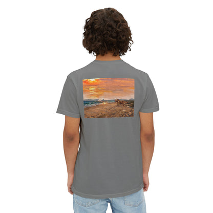 Golden Retriever Sunset Pocket Tee — Cloud Dreams Graphic T‑Shirt (Surfer on Cloud Back Print)