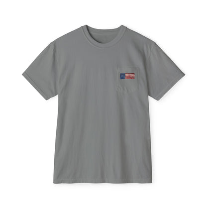 American Flag Pocket Tee with American Flag Hole on back — Cloud Dreams Graphic T‑Shirt (Surfer on Cloud Back Print)