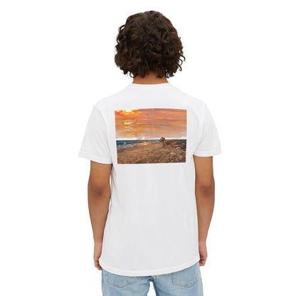 Golden Retriever Sunset Pocket Tee — Cloud Dreams Graphic T‑Shirt (Surfer on Cloud Back Print)