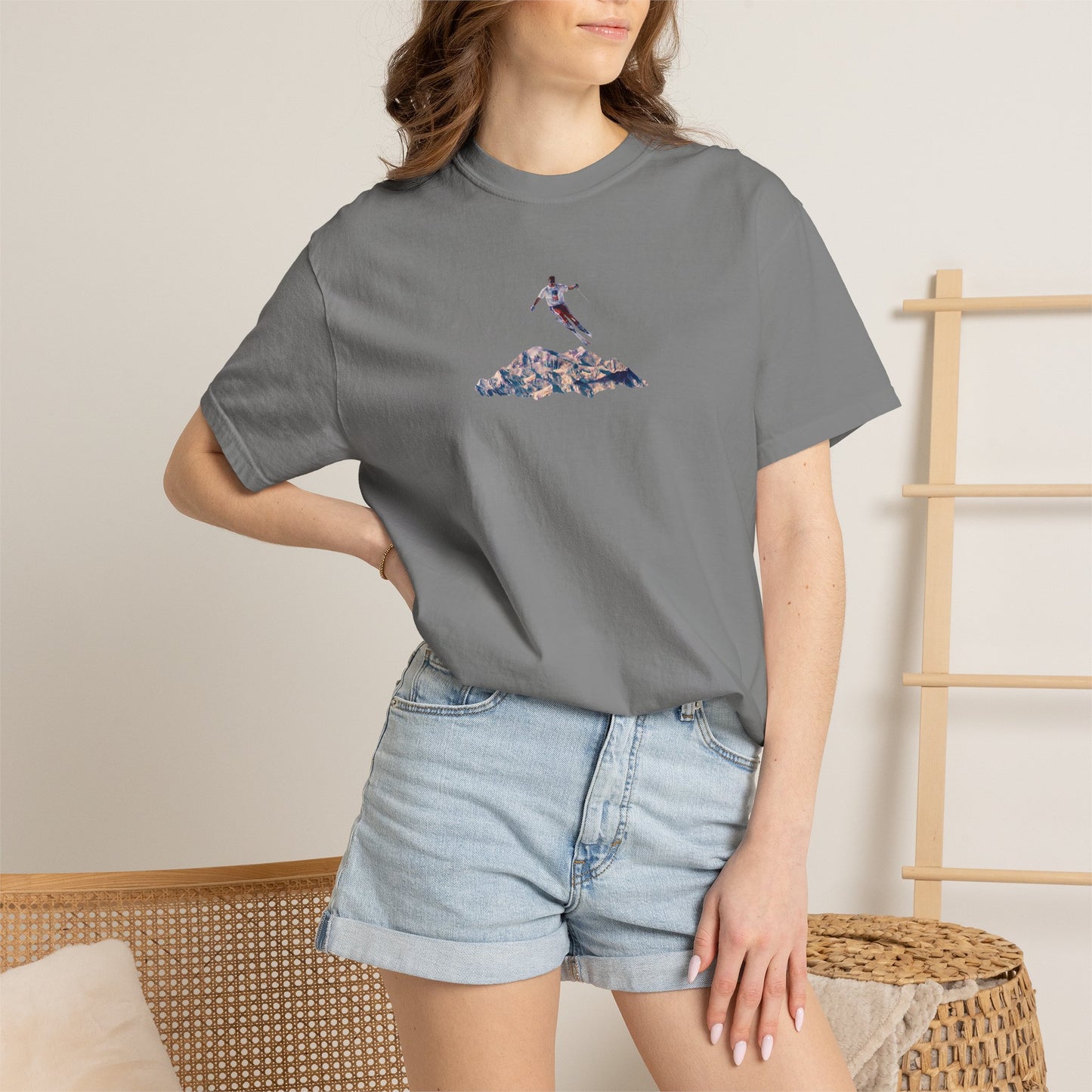 Leaping American Skiier front print T-Shirt — Dreamy Paraglider in Clouds Graphic Tee