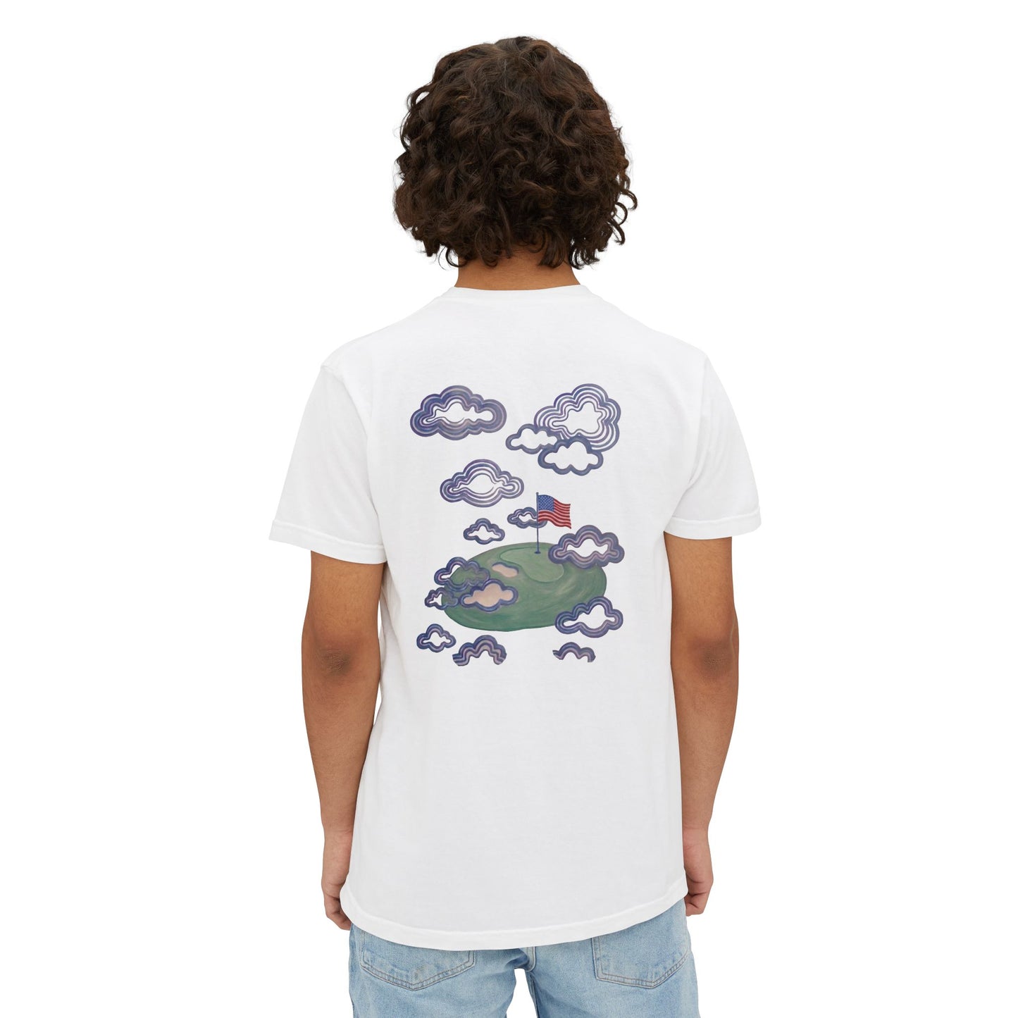 American Flag Pocket Tee with American Flag Hole on back — Cloud Dreams Graphic T‑Shirt (Surfer on Cloud Back Print)