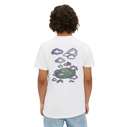 American Flag Pocket Tee with American Flag Hole on back — Cloud Dreams Graphic T‑Shirt (Surfer on Cloud Back Print)