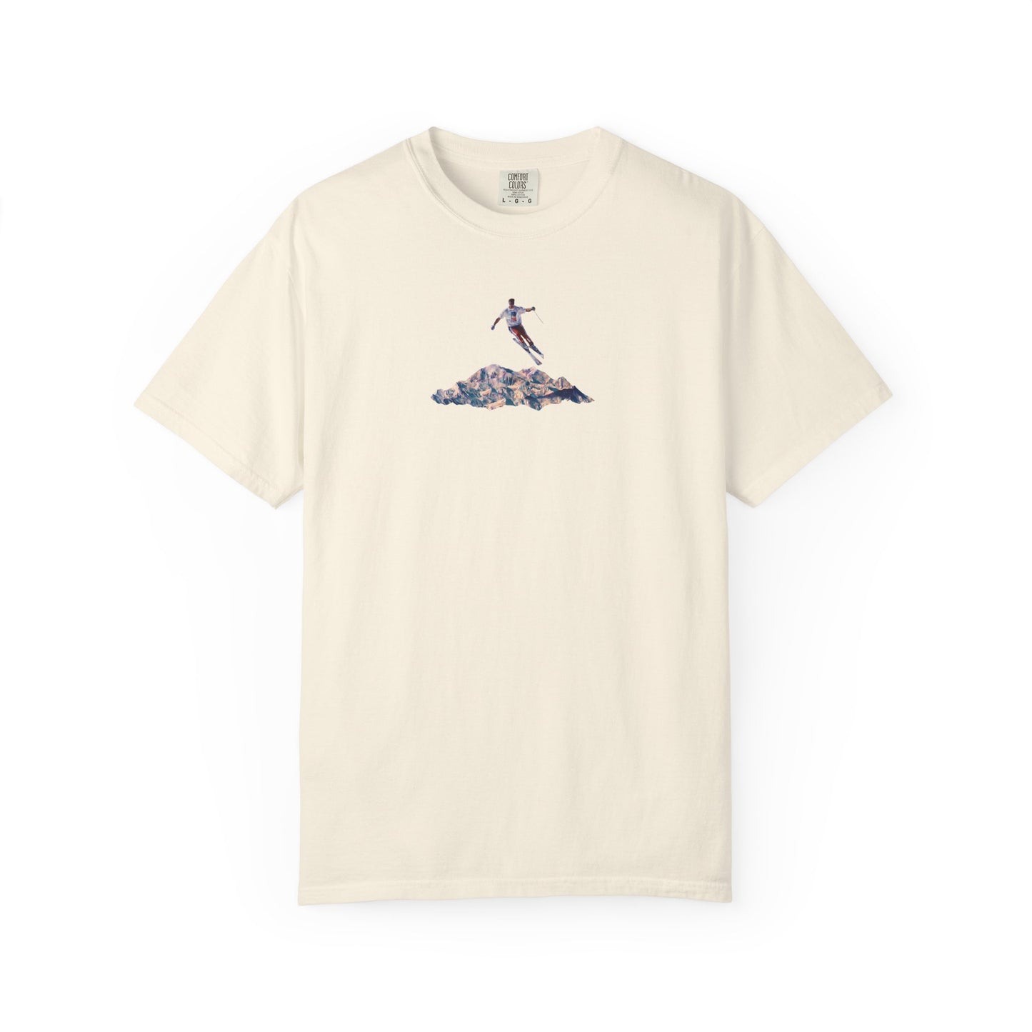 Leaping American Skiier front print T-Shirt — Dreamy Paraglider in Clouds Graphic Tee