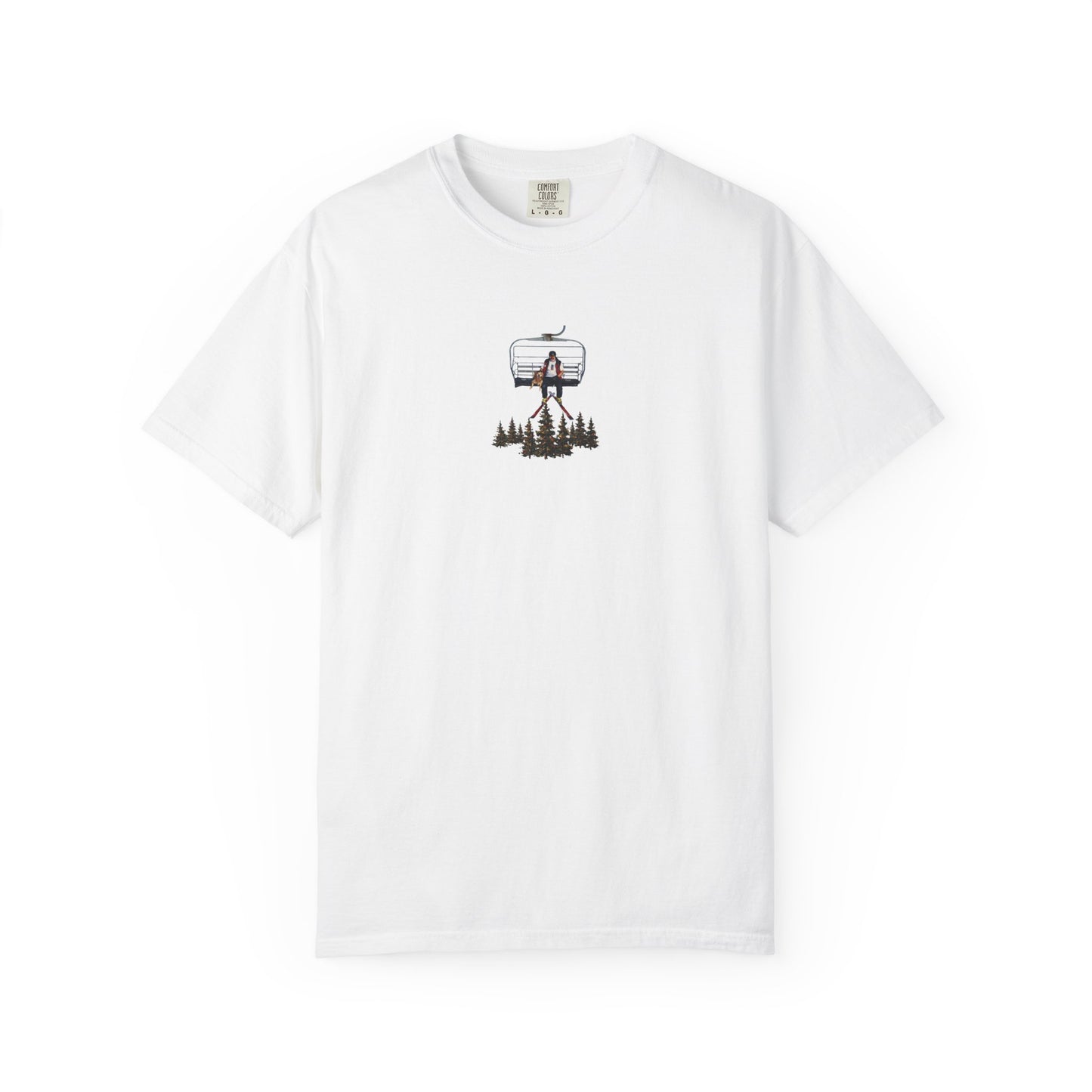 Chairlift with dog front print T-Shirt — Dreamy Paraglider in Clouds Graphic Tee