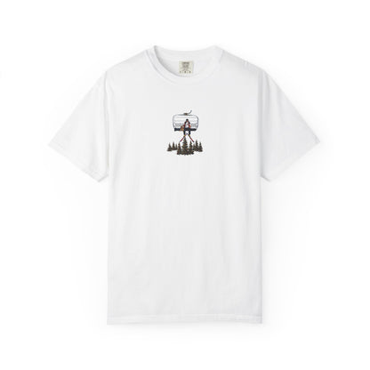 Chairlift with dog front print T-Shirt — Dreamy Paraglider in Clouds Graphic Tee