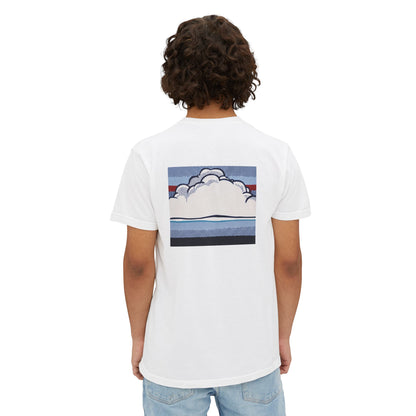 American Flag Pop Art Pocket Tee — Cloud Dreams Graphic T‑Shirt (Surfer on Cloud Back Print)