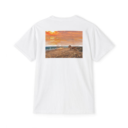 Golden Retriever Sunset Pocket Tee — Cloud Dreams Graphic T‑Shirt (Surfer on Cloud Back Print)