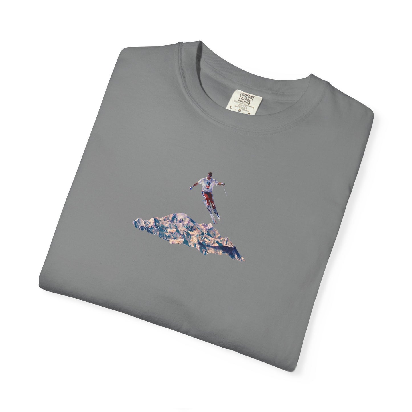 Leaping American Skiier front print T-Shirt — Dreamy Paraglider in Clouds Graphic Tee