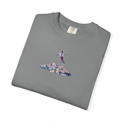 Leaping American Skiier front print T-Shirt — Dreamy Paraglider in Clouds Graphic Tee