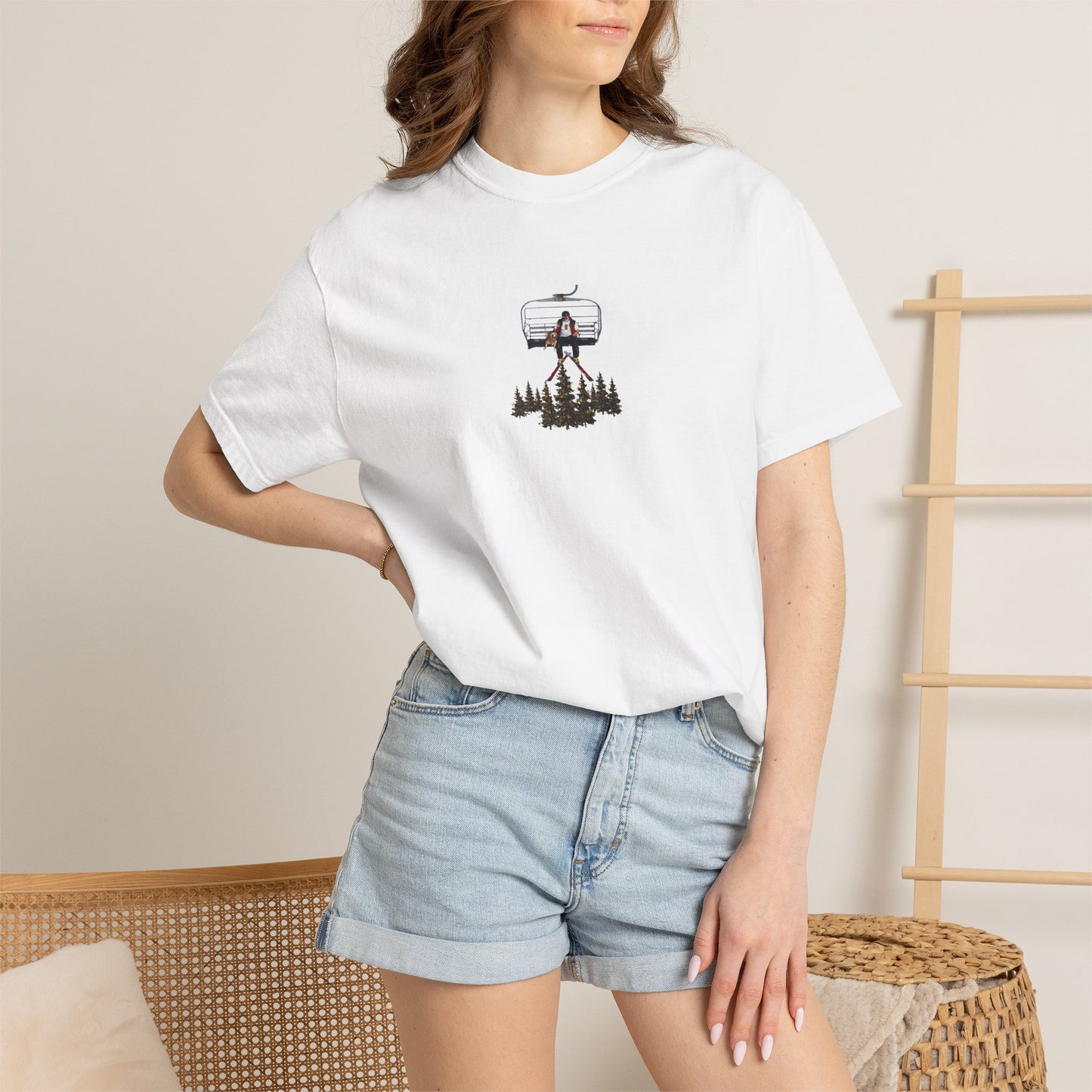 Chairlift with dog front print T-Shirt — Dreamy Paraglider in Clouds Graphic Tee