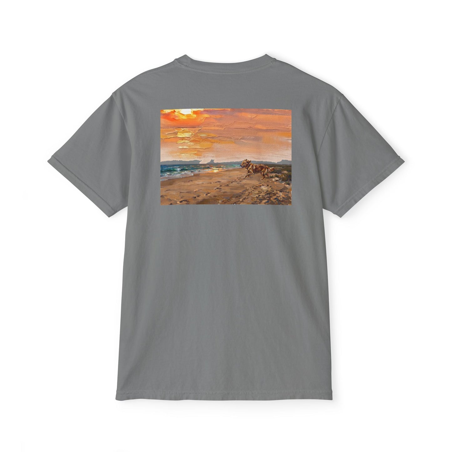 Golden Retriever Sunset Pocket Tee — Cloud Dreams Graphic T‑Shirt (Surfer on Cloud Back Print)