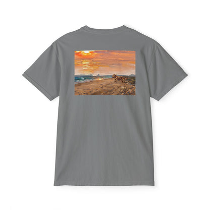 Golden Retriever Sunset Pocket Tee — Cloud Dreams Graphic T‑Shirt (Surfer on Cloud Back Print)