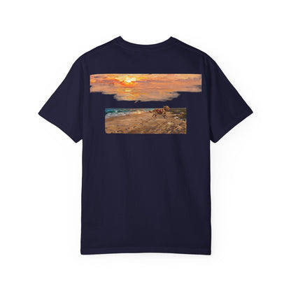 Golden Retriever Sunset Tee — Flag Chest Print & Beach Back