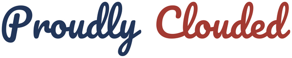 Proudly Clouded — script wordmark in navy and red