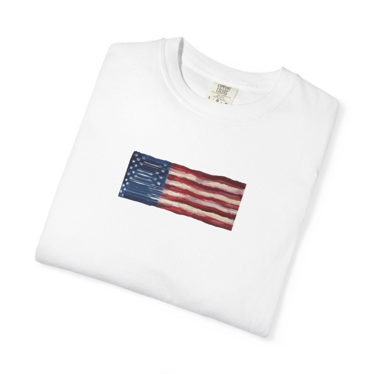 Stretched American Flag tee — folded detail