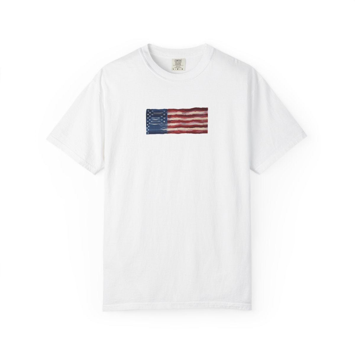 Stretched American Flag tee — hand-painted flag graphic, front