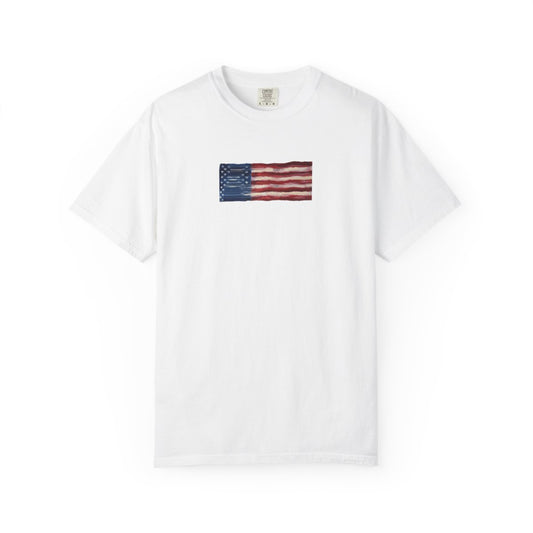 Stretched American Flag tee — hand-painted flag graphic, front
