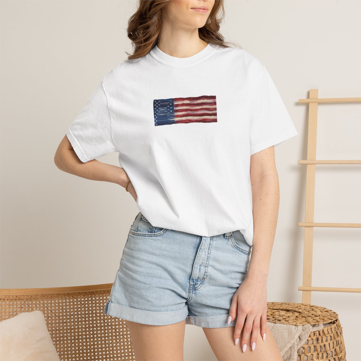 Stretched American Flag tee on model