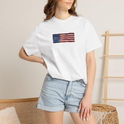 Stretched American Flag tee on model